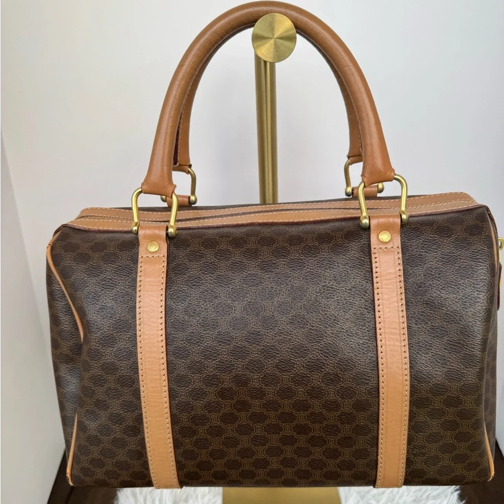 Celine Brown and Tan Coated Canvas Travel Satchel